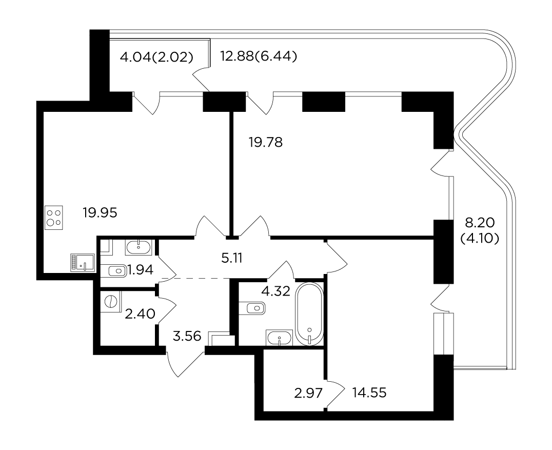 2-комнатная 87.14 м²