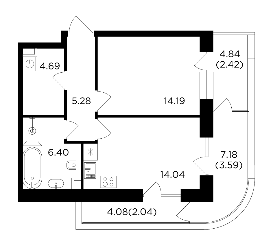 1-комнатная 52.65 м²