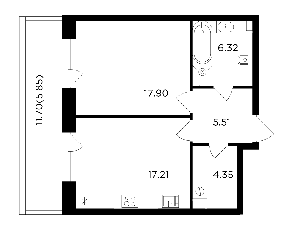 1-комнатная 57.14 м²