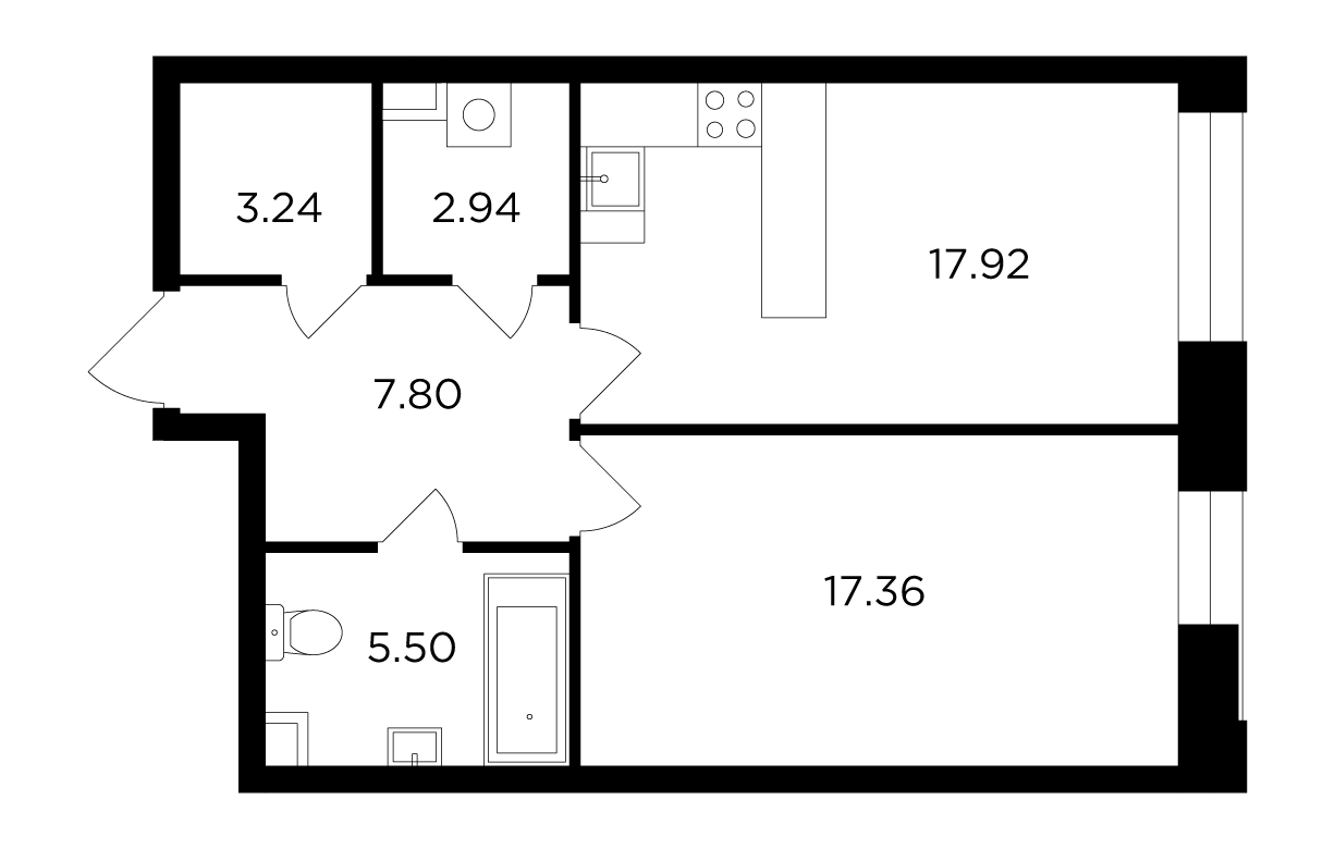 1-комнатная 54.76 м²