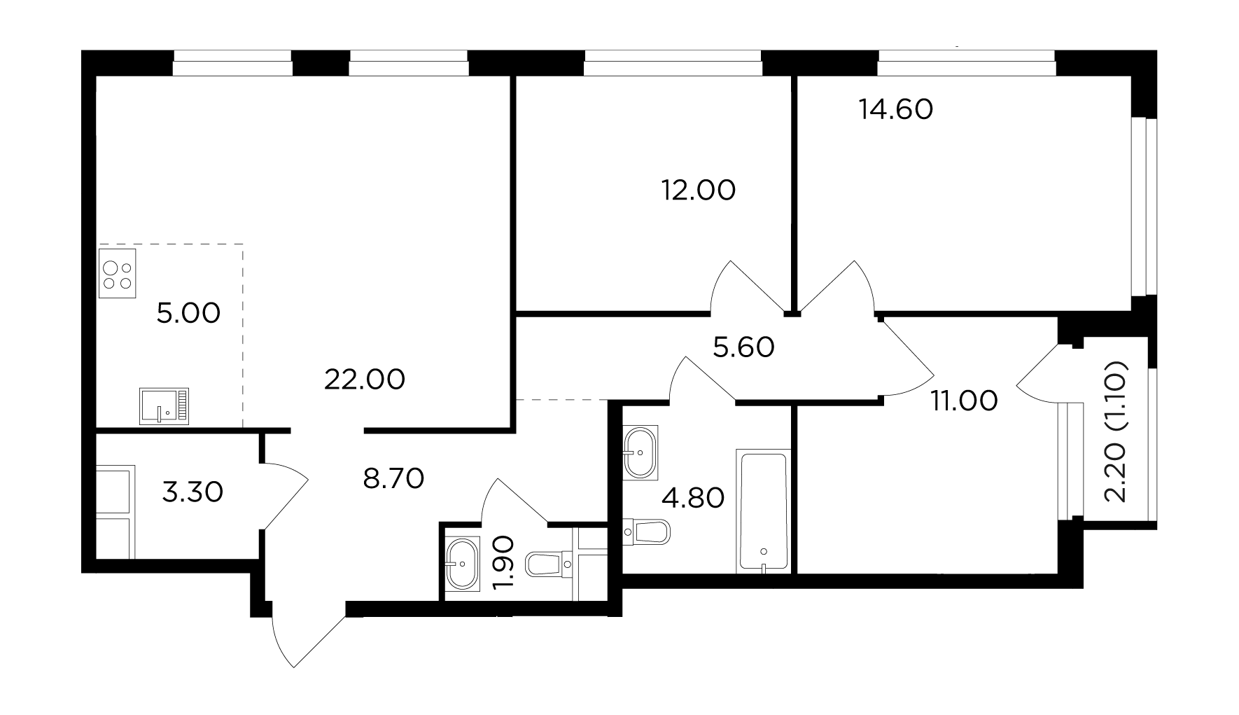4-комнатная 90 м²
