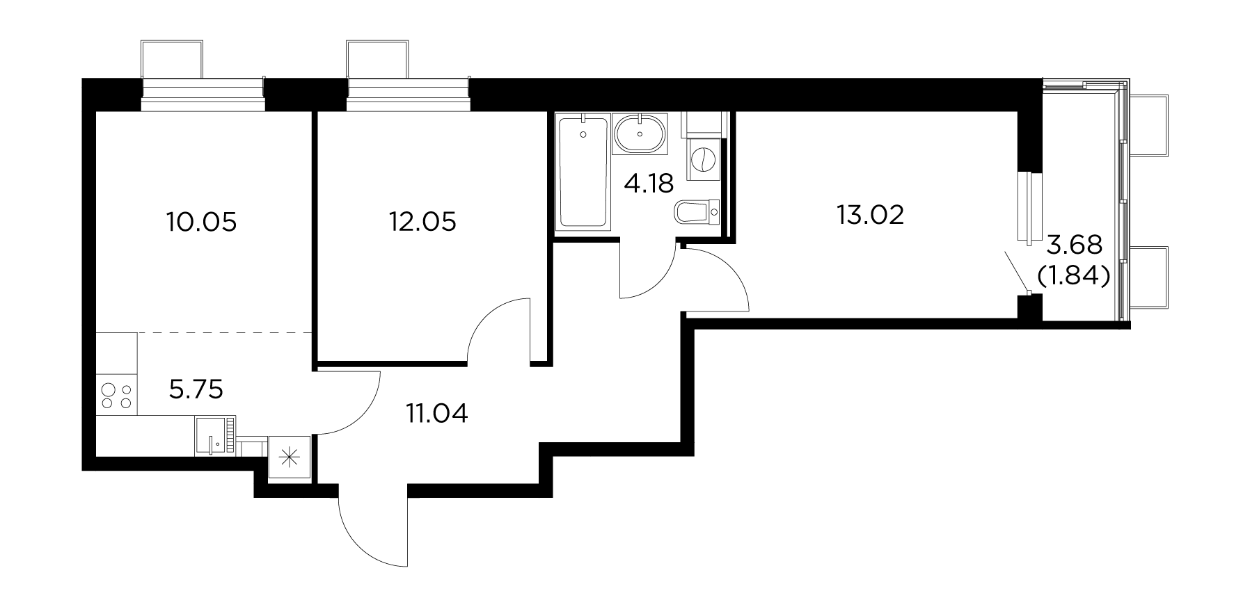 3-комнатная 57.93 м²