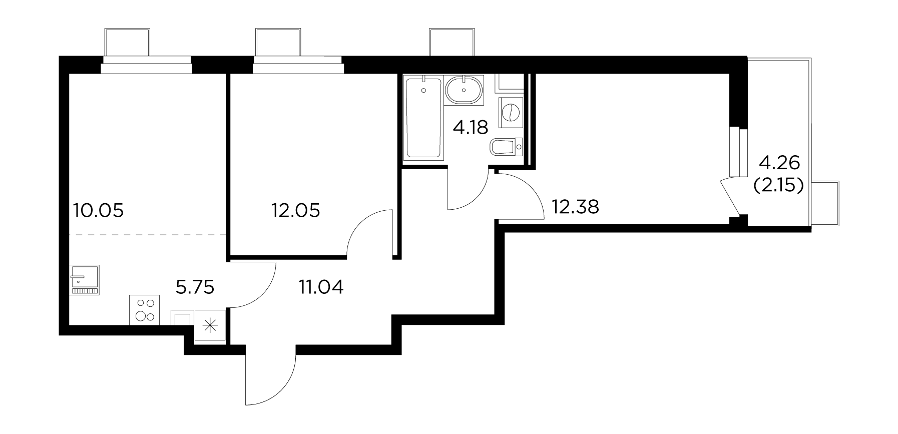 3-комнатная 57.58 м²